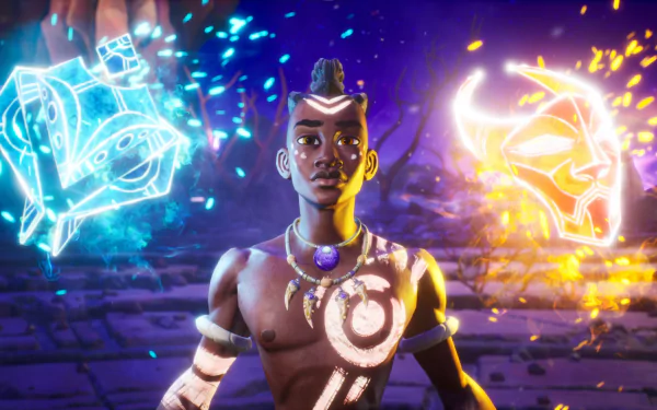 HD desktop wallpaper from the video game Tales Of Kenzera: Zau featuring a character with tribal markings standing in front of vibrant, magical symbols.