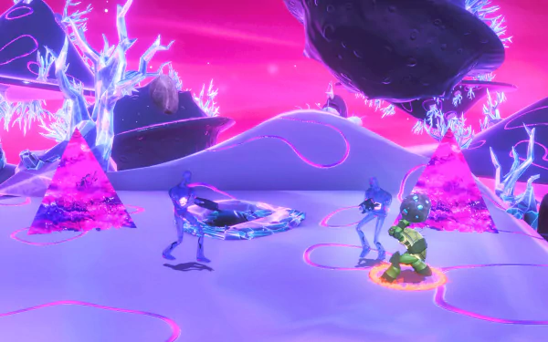 HD Wallpaper from the video game Teenage Mutant Ninja Turtles Arcade: Wrath of the Mutants featuring characters in a surreal, alien-like landscape with purple hues and vibrant crystal structures.