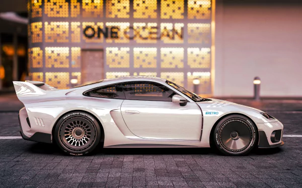 HD wallpaper featuring a Rezvani Retro RR1 sports car parked in an urban setting.