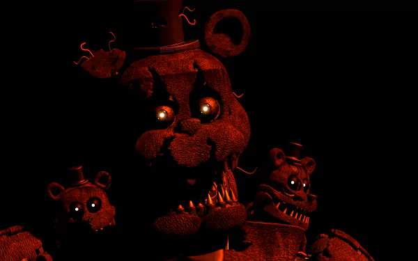 Dark, menacing animatronics from Five Nights at Freddy's 4, depicted in an 8K Ultra HD PC desktop wallpaper with intense glowing eyes and detailed textures.