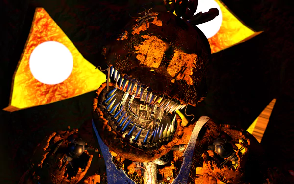 Close-up of a decayed animatronic from Five Nights at Freddy's 4, rendered in stunning detail for an 8K Ultra HD PC desktop wallpaper.