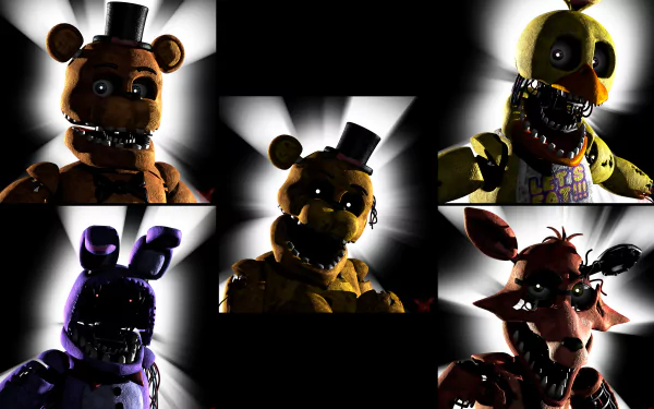 An 8K Ultra HD desktop wallpaper featuring animatronics from Five Nights at Freddy's 2 and Five Nights at Freddy's, with intense lighting highlighting their eerie details.