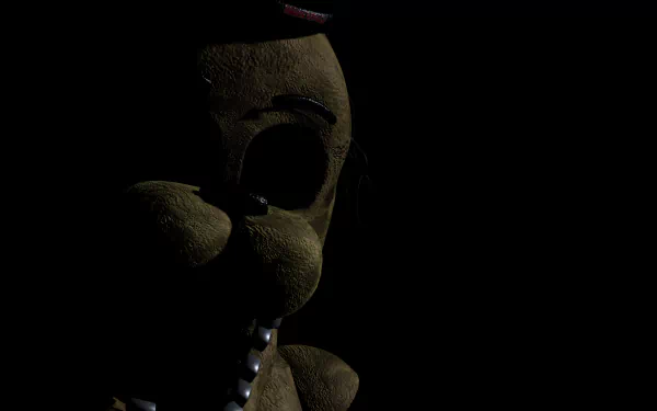 Dark, detailed close-up of an animatronic face from Five Nights at Freddy's 2, rendered in 8K Ultra HD for a PC desktop wallpaper background.