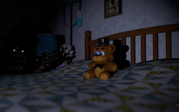 Nightmare Freddy from Five Nights at Freddy's 4 sits on a bed in a dark, eerie room; 8K Ultra HD video game wallpaper capturing the game's haunting atmosphere.