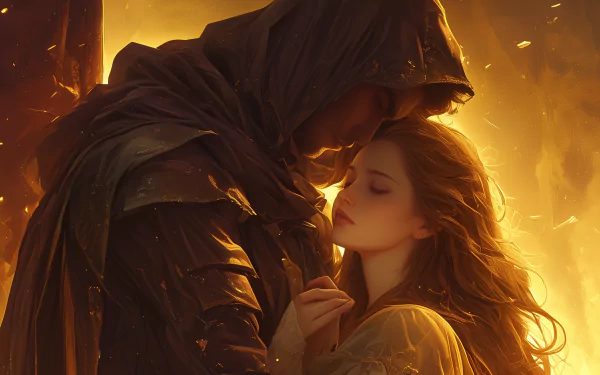 HD desktop wallpaper featuring a romantic scene with a man in a cloak gently holding a woman's face, enveloped in a warm, glowing light.