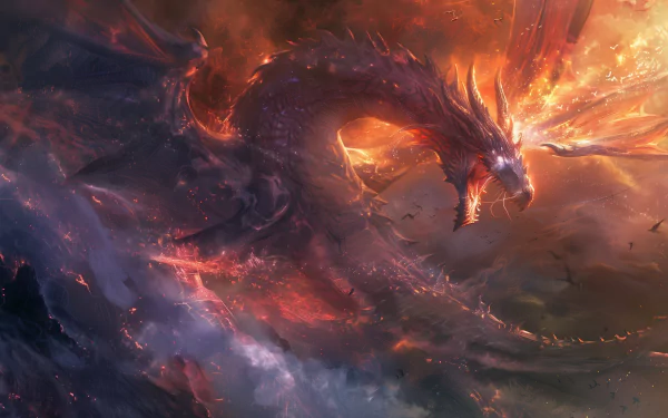 HD desktop wallpaper featuring an artistic depiction of a majestic, fiery dragon in a dynamic fantasy setting.