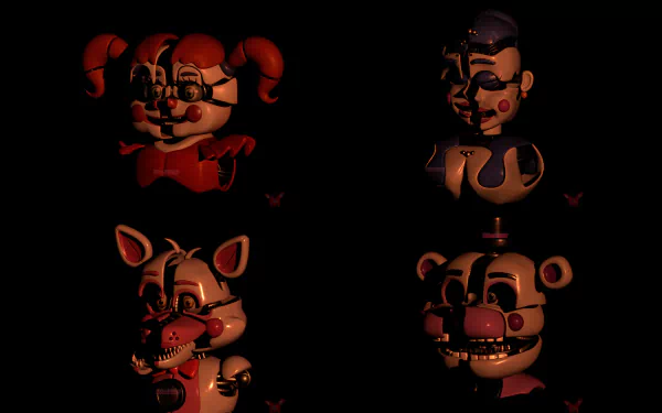 8K Ultra HD PC desktop wallpaper of the video game Five Nights at Freddy's: Sister Location, featuring Funtime Freddy and Circus Baby animatronics in dark, dramatic lighting.