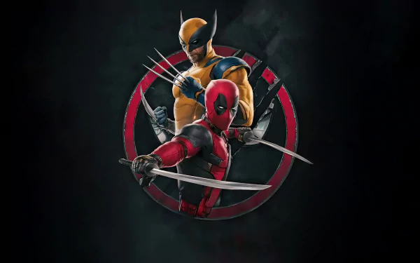 HD wallpaper featuring Deadpool and Wolverine, showcasing their iconic costumes and weapons against a dark background, capturing the dynamic between these beloved characters.