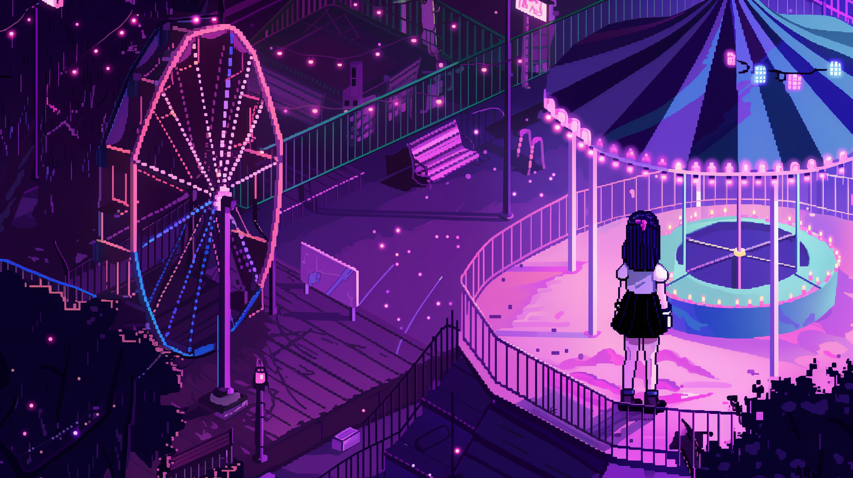 HD wallpaper of an 8-bit, isometric lo-fi image featuring a person observing a purple-themed amusement park with a Ferris wheel and merry-go-round at night.
