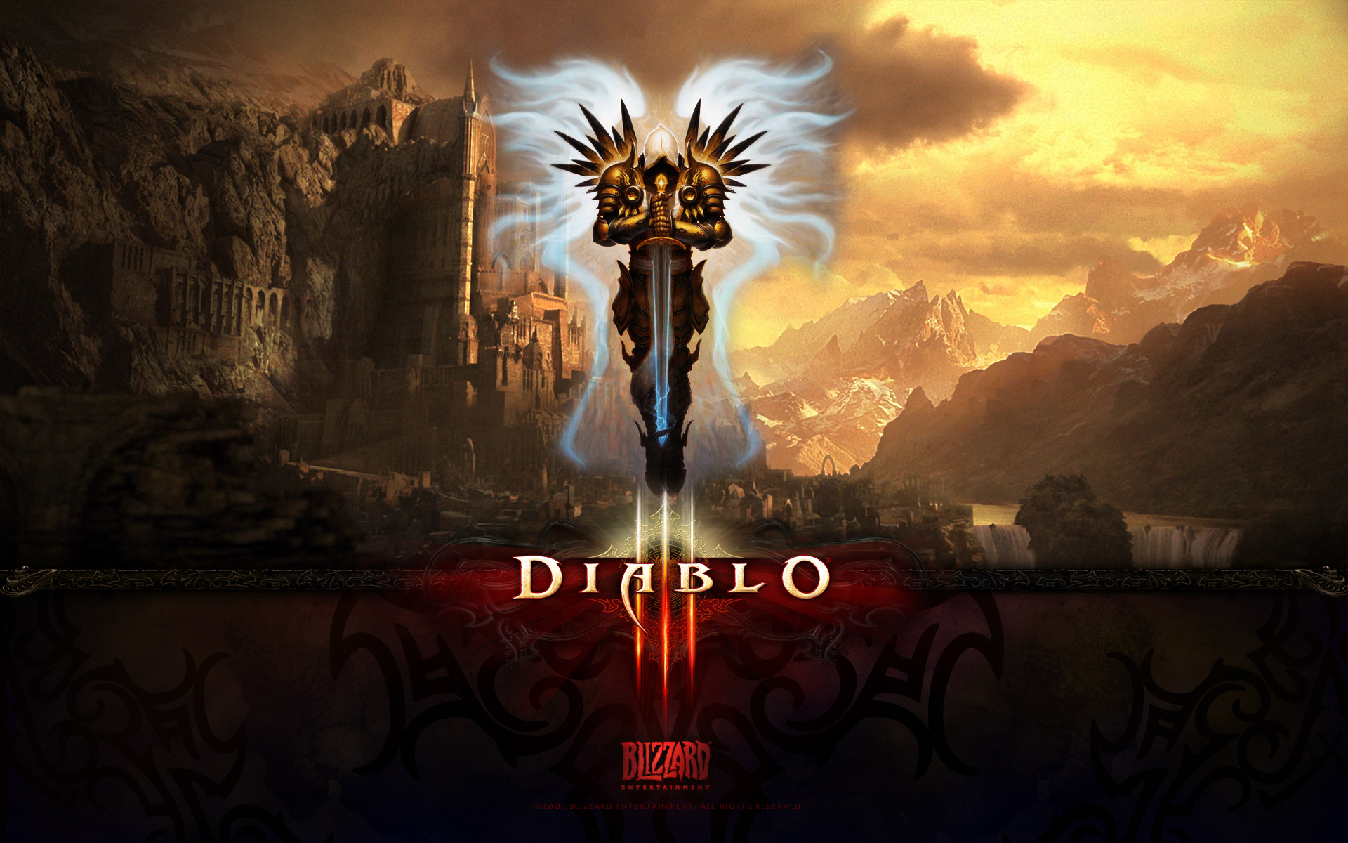 Tyrael, the iconic angel from Diablo III, stands tall in this captivating desktop wallpaper for video game enthusiasts.