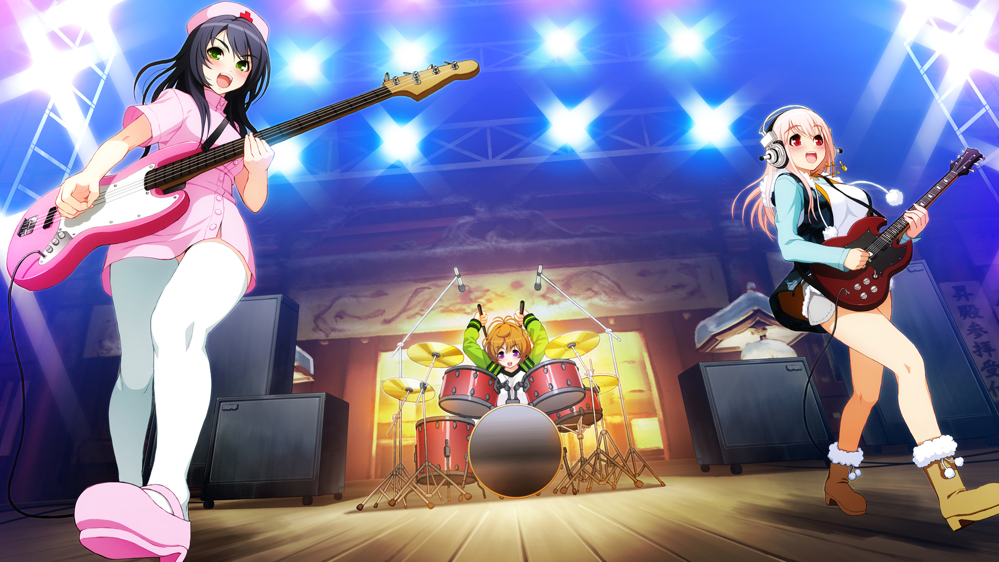 Super Sonico, Watanuki Fuuri, and Fujimi Suzu depicted in an anime-inspired desktop wallpaper.