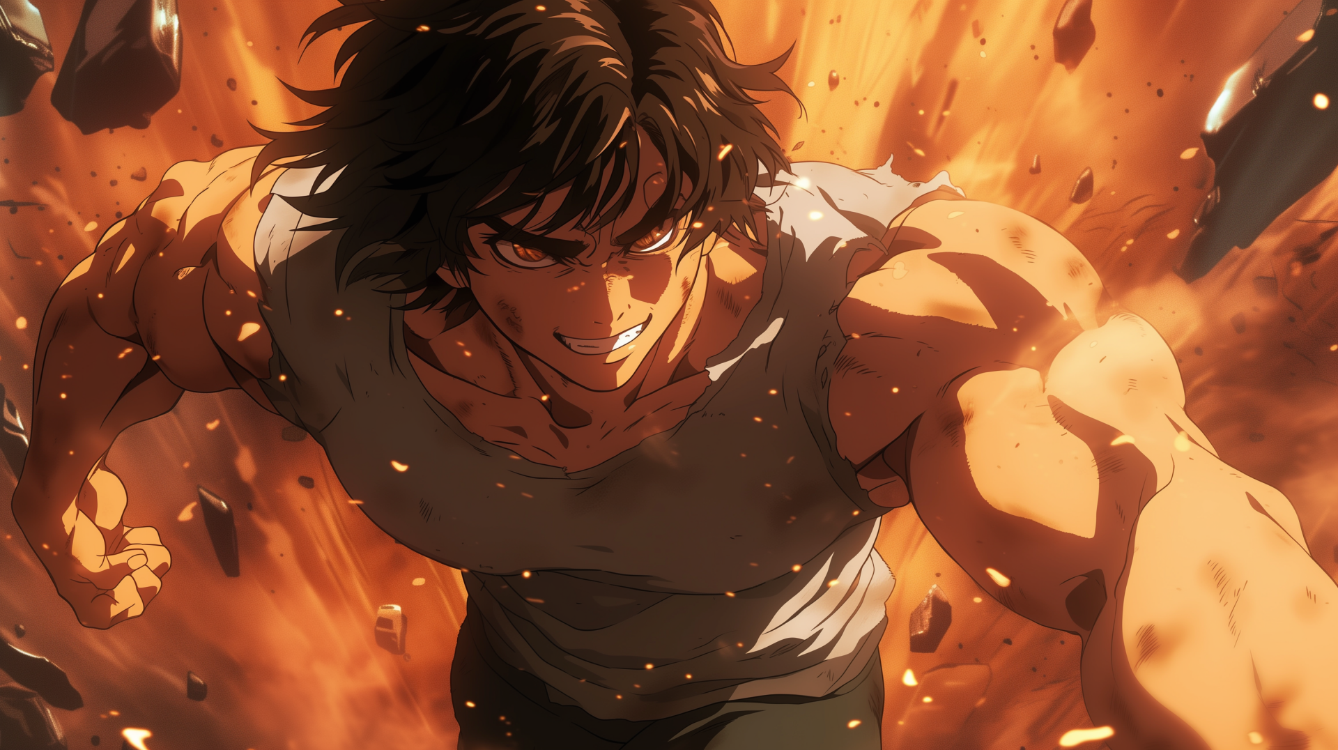 HD desktop wallpaper of Baki Hanma, a character from the anime Baki, showing an intense action scene with the character in the foreground and an explosive orange background, conveying a sense of dynamic movement and power.