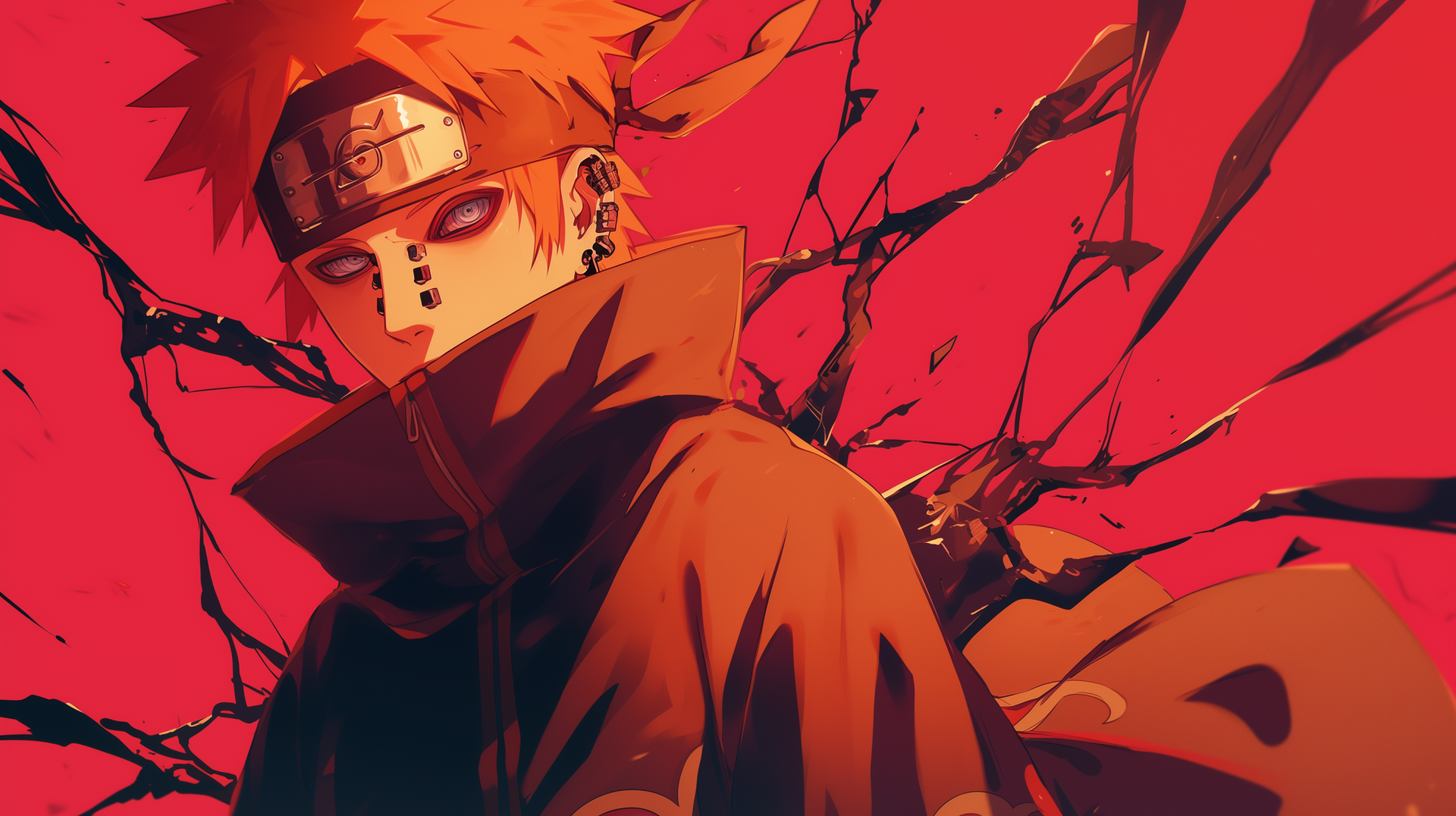 HD wallpaper of an anime character from Naruto with spiky orange hair, wearing a forehead protector and a piercing gaze, set against a red backdrop with black abstract designs.