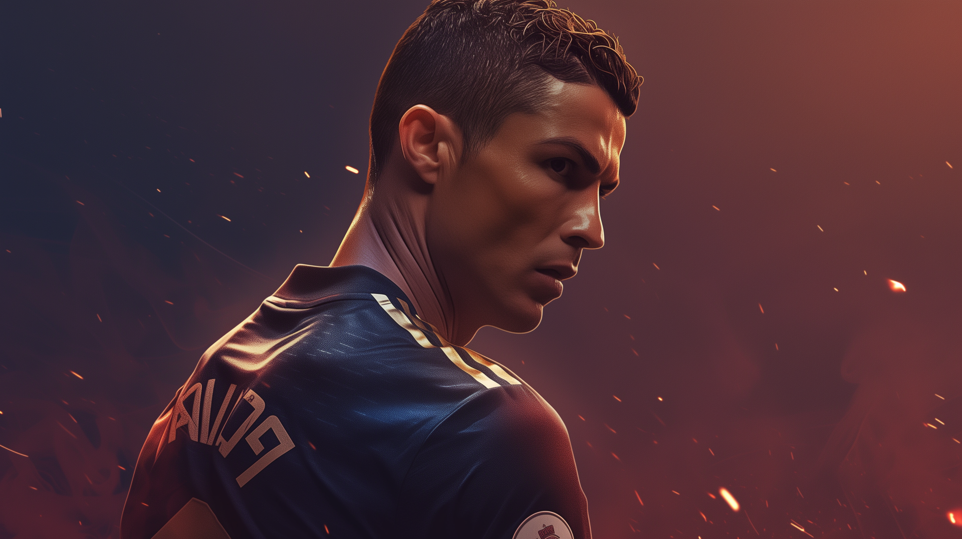 HD desktop wallpaper featuring a stylized portrayal of a soccer player in action, set against a dynamic, fiery background.