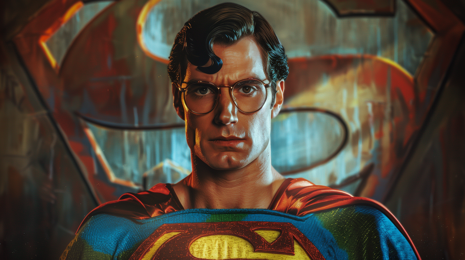 HD wallpaper of Superman from the comics, with a vividly colored costume and the iconic S-shield, standing in front of a stylized backdrop.