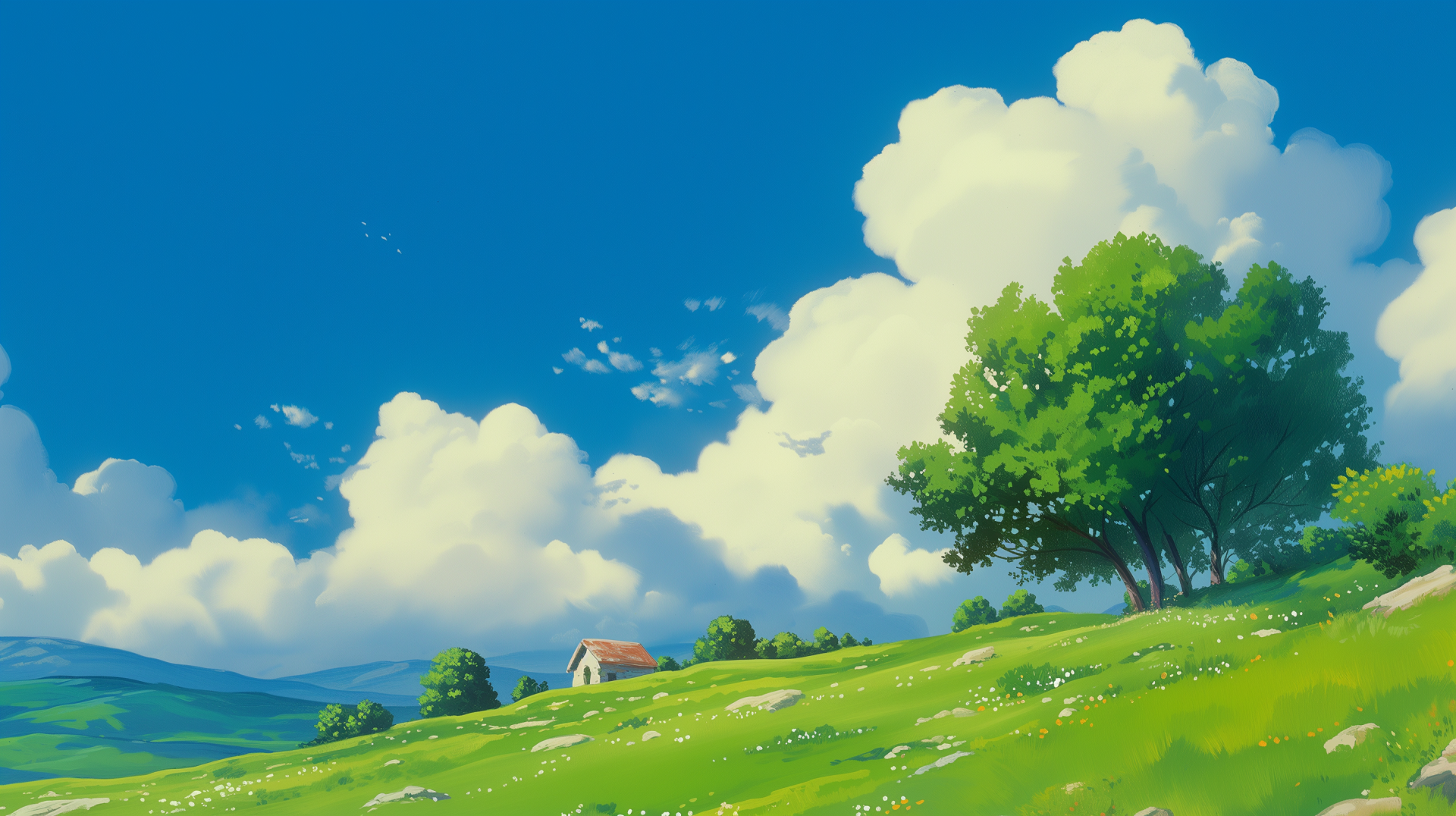 HD desktop wallpaper inspired by Studio Ghibli, featuring a vivid, pastoral scene reminiscent of Windows XP’s classic background with a lush tree, rolling hills, and fluffy clouds.