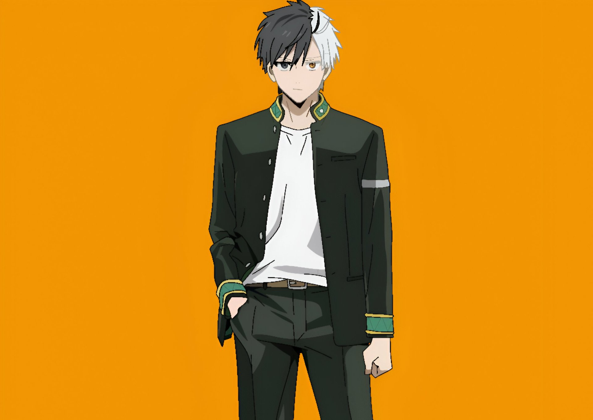 Anime-style HD PC desktop wallpaper featuring Haruka Sakura from Wind Breaker, standing confidently against a solid orange background.