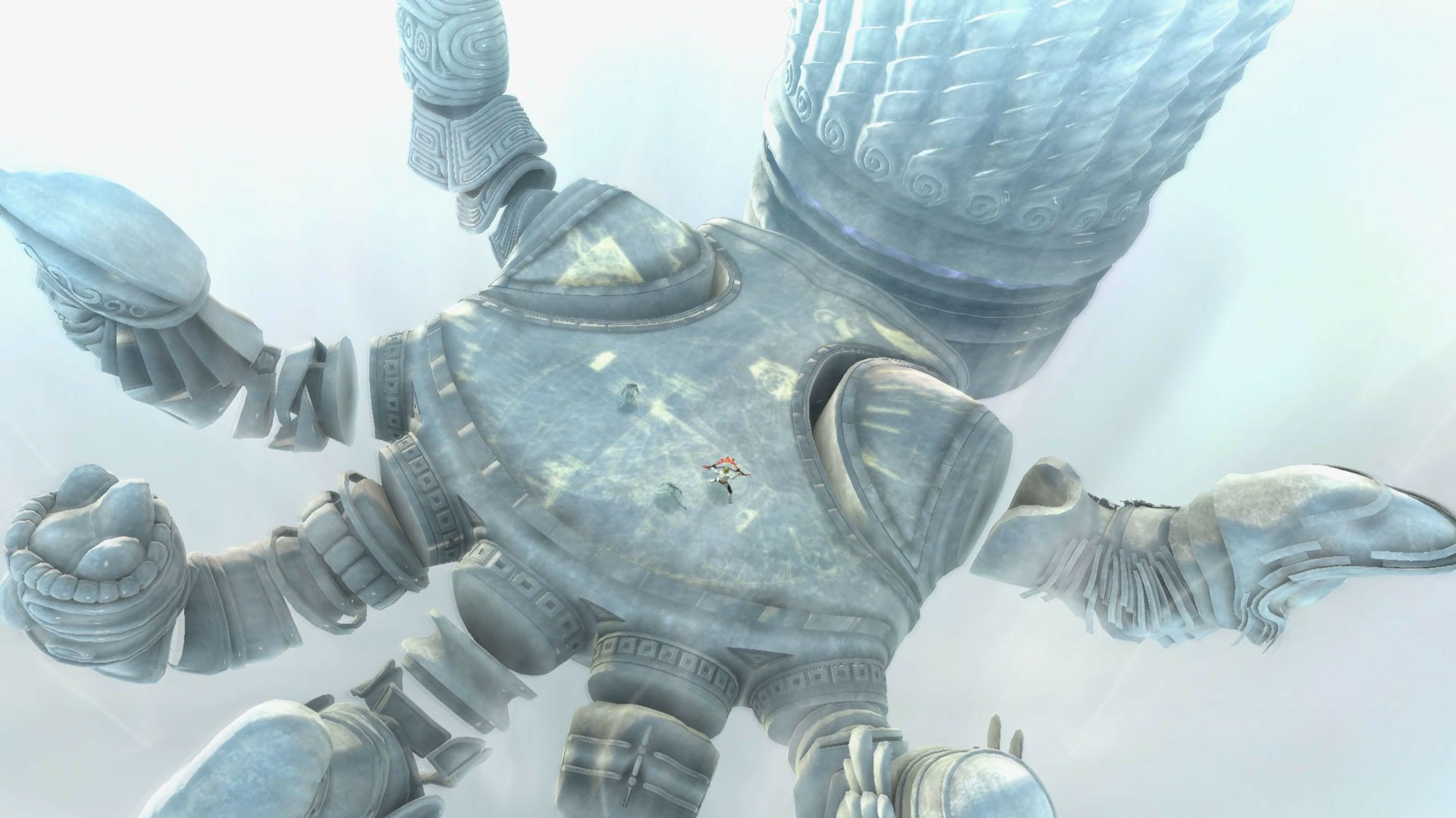 HD desktop wallpaper from El Shaddai: Ascension of the Metatron, featuring a gigantic armored figure with a tiny character on its chest in a misty environment.