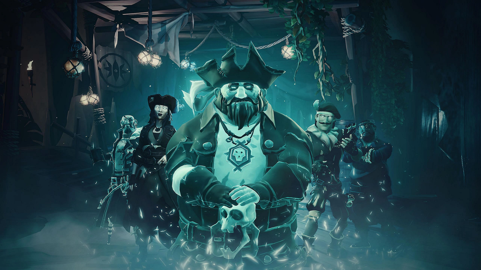 HD desktop wallpaper featuring characters from the video game Sea of Thieves, centered around a pirate captain holding a skull.