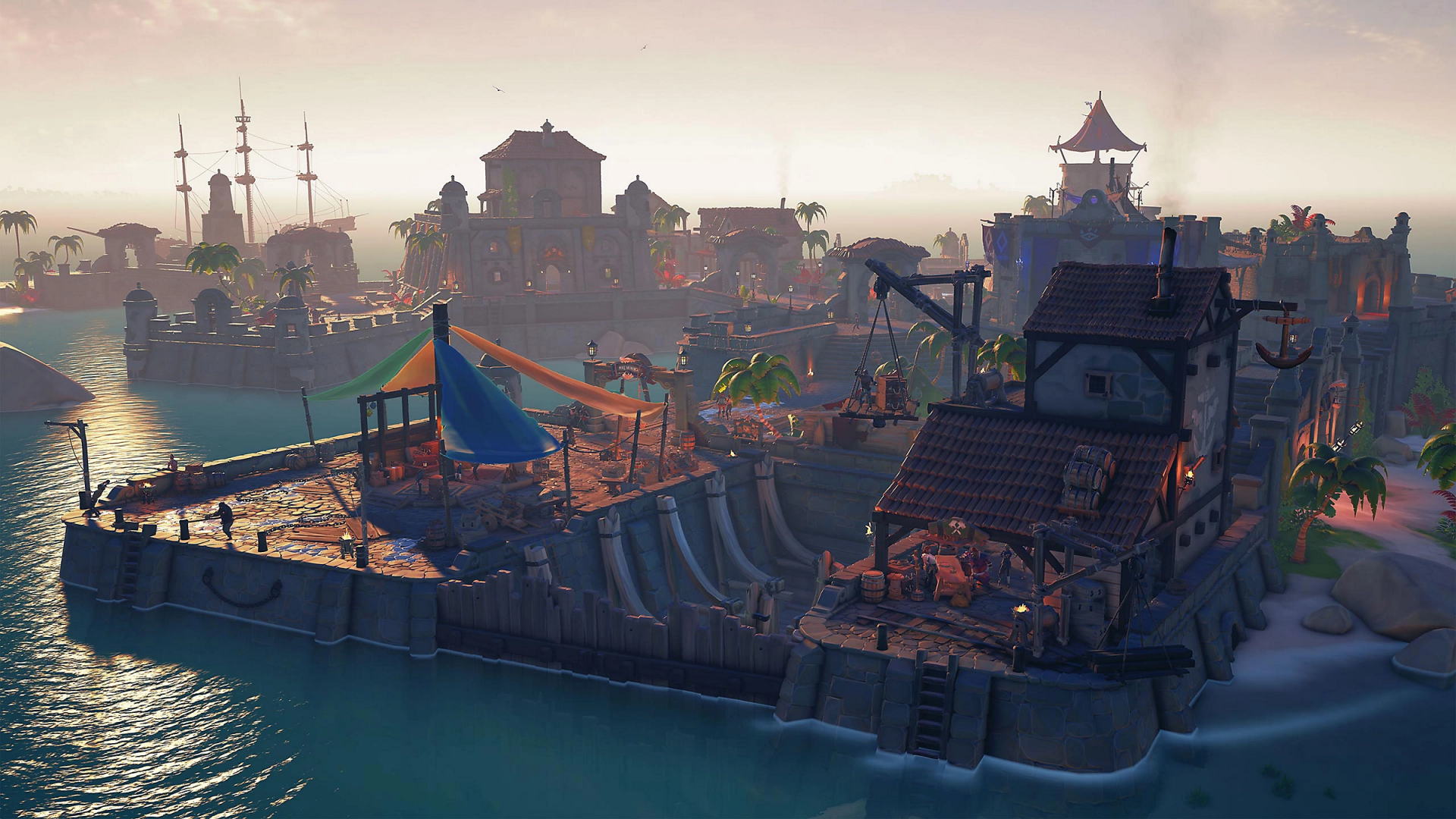 HD desktop wallpaper from the video game Sea of Thieves, depicting a vibrant pirate outpost at sunset with ships docked in the serene sea.