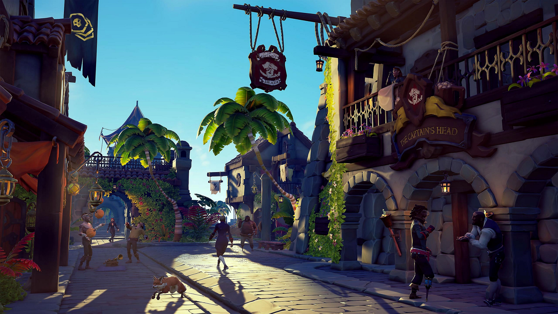 HD desktop wallpaper of a vibrant scene from Sea of Thieves featuring pirates and townsfolk in a bustling port town with tropical palms and colonial architecture.