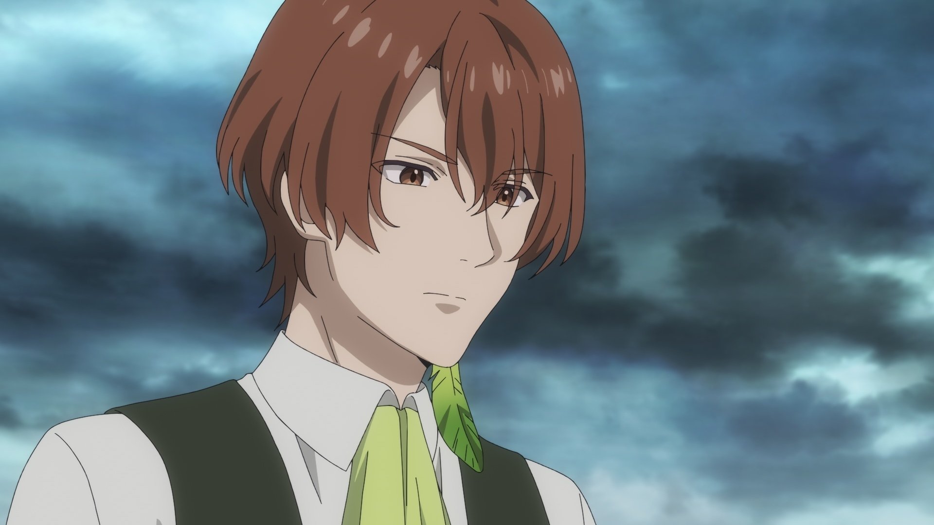 Anime character from Unnamed Memory with tousled brown hair and a green necktie, set against a dramatic cloudy backdrop. An engaging HD desktop wallpaper option.
