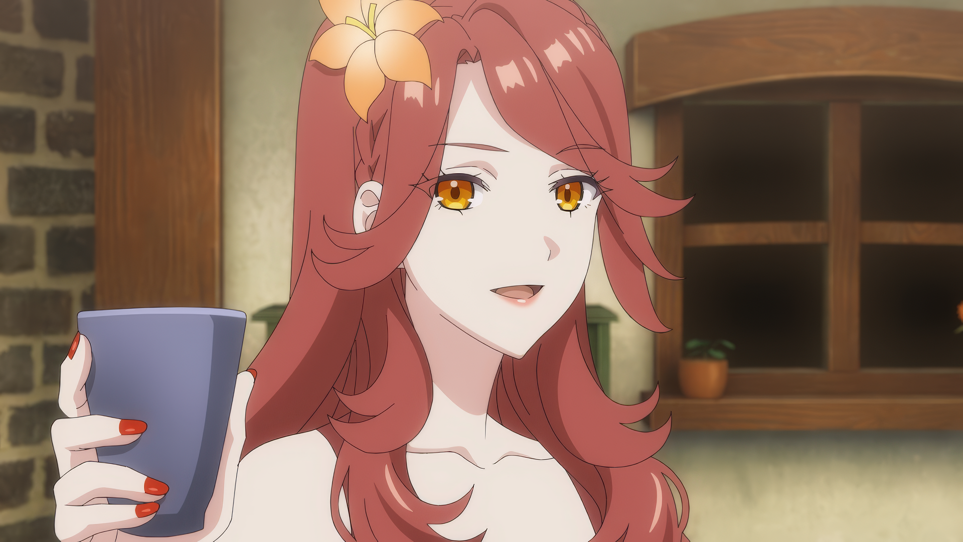 HD desktop wallpaper from the anime Unnamed Memory featuring a smiling woman with orange eyes and curly red hair holding a mug in a cozy room setting.