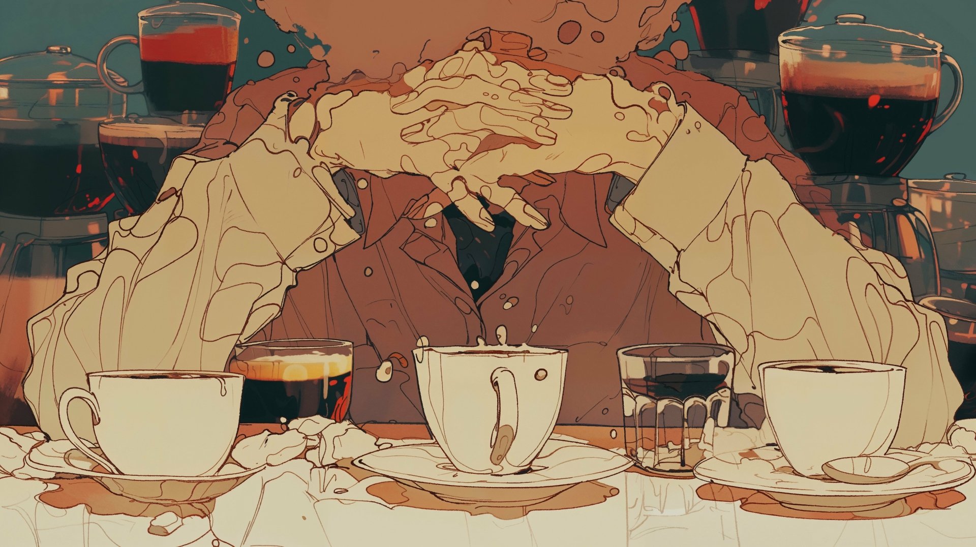 HD desktop wallpaper featuring an artistic depiction of a person dissolving into coffee cups on a table, accented by vibrant splashes and serene tones.
