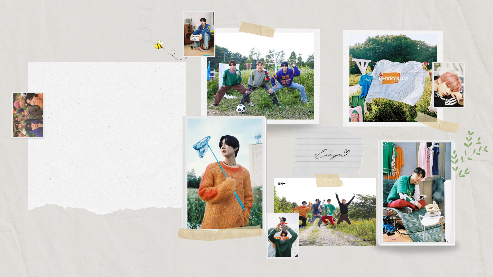 HD PC desktop wallpaper featuring a collage of ENHYPEN members in casual outdoor and indoor settings with handwritten text and tape accents.