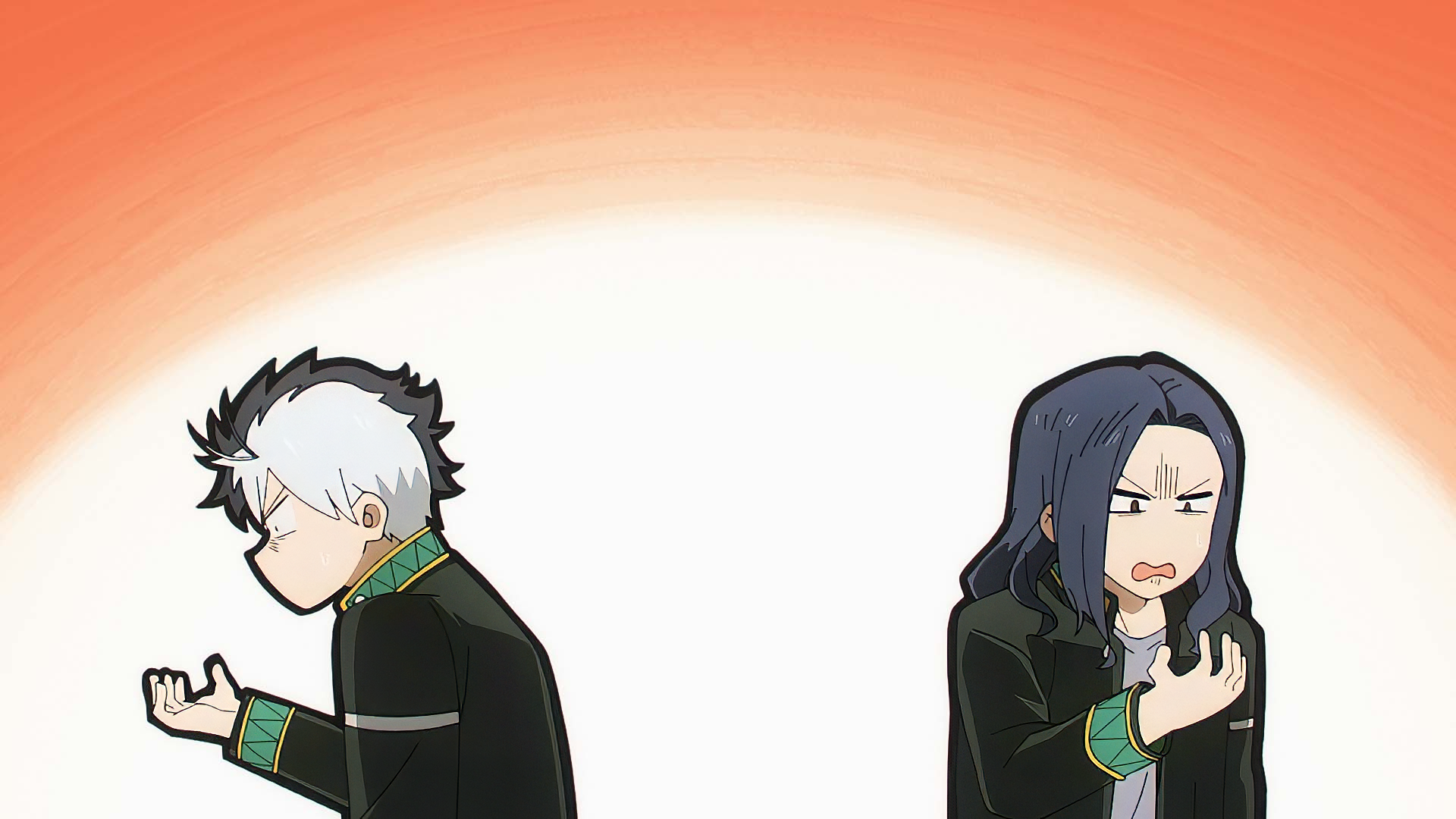 HD desktop wallpaper featuring two anime characters from Wind Breaker: a male and a female in a heated discussion, set against a warm, orange gradient background.