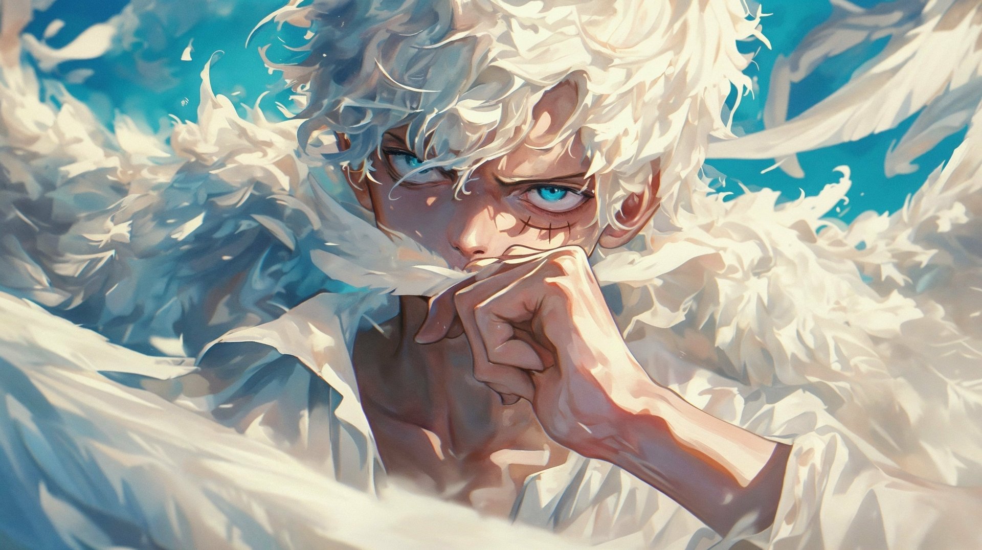 HD desktop wallpaper of Monkey D. Luffy from One Piece in Gear 5, featuring his intense blue eyes and a dynamic, feather-like aura.