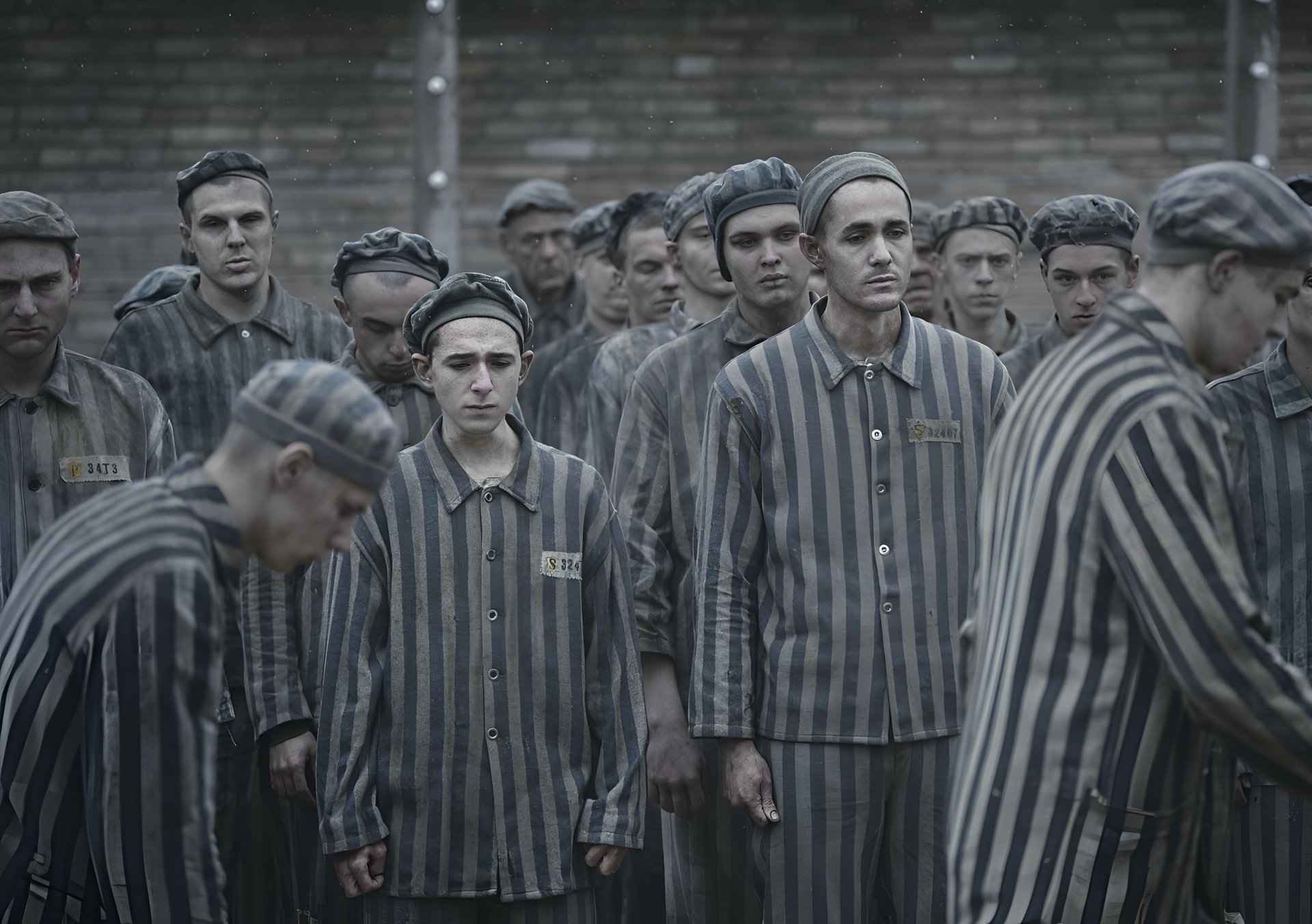HD desktop wallpaper from the TV show The Tattooist of Auschwitz, featuring a somber scene of prisoners in striped uniforms.