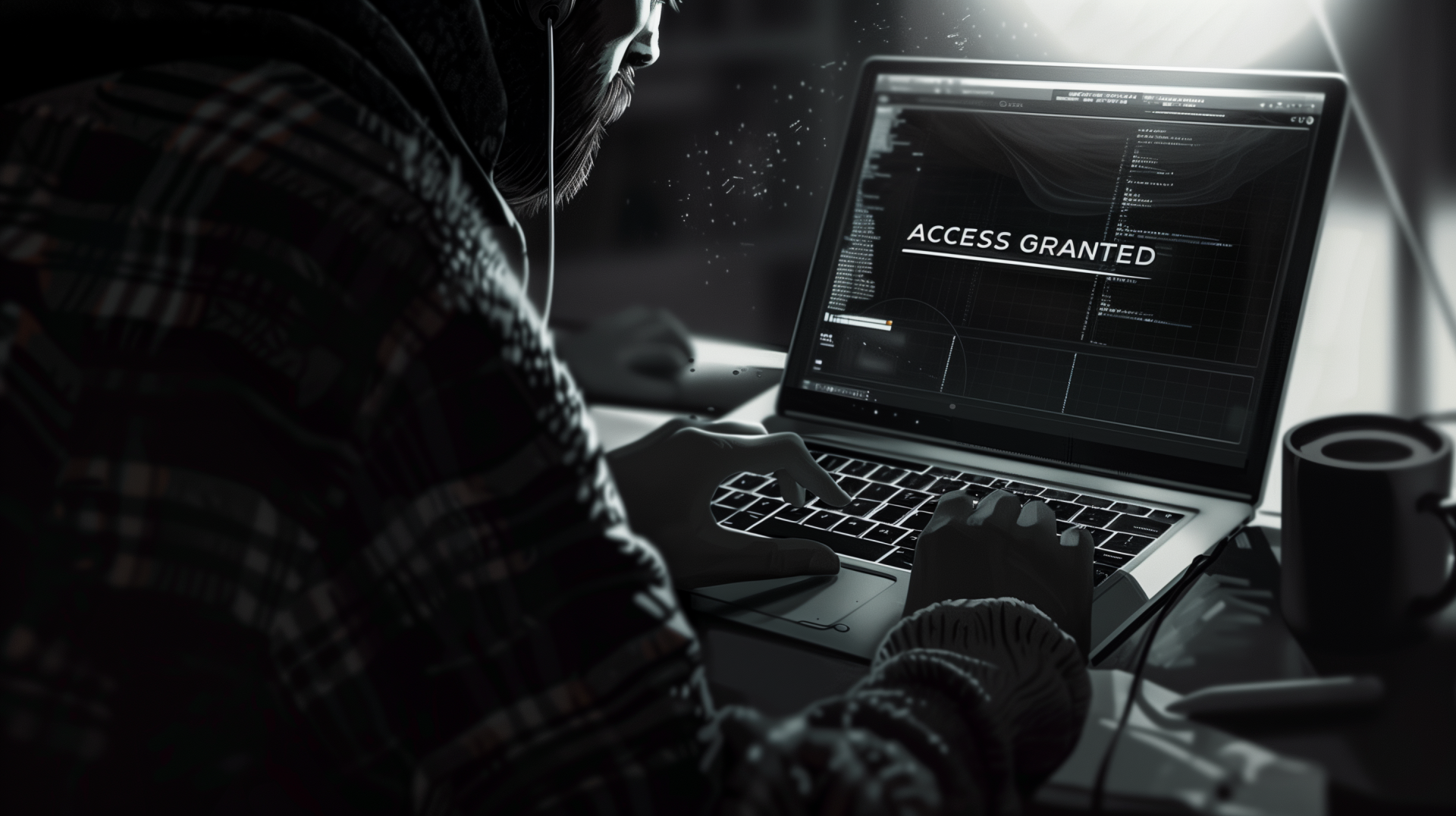 HD wallpaper of a hacker at a laptop displaying Access Granted, depicting a technology-themed background.