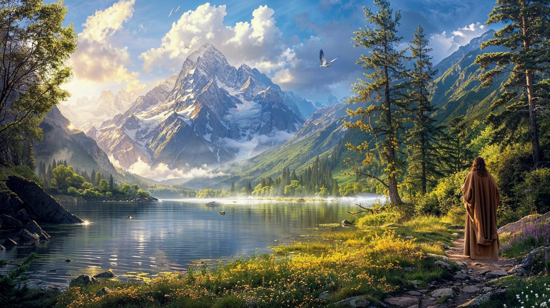 HD desktop wallpaper featuring a serene landscape with a figure resembling Jesus standing by a lake, surrounded by mountains and lush greenery.