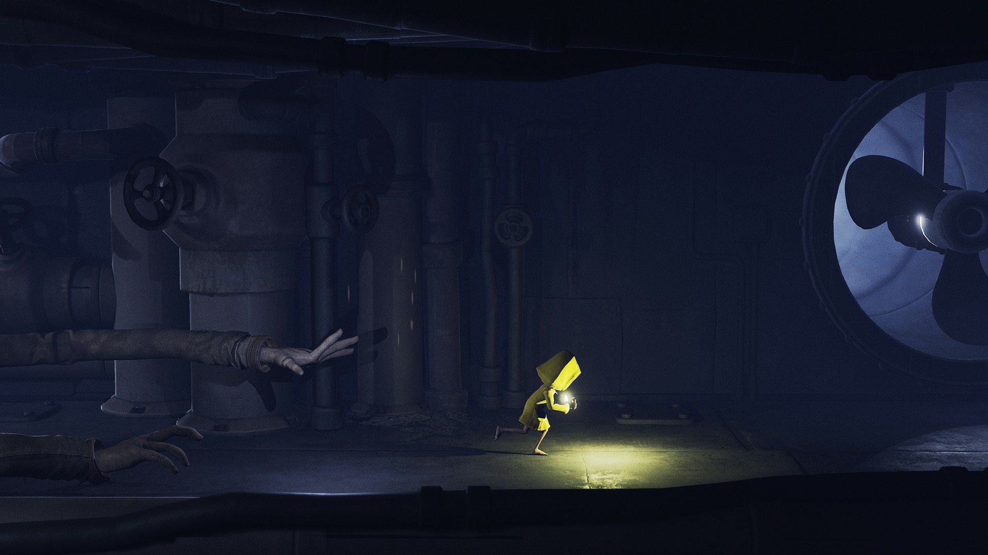 HD desktop wallpaper featuring Six from Little Nightmares, exploring a dimly lit industrial area, highlighting the game's eerie atmosphere.