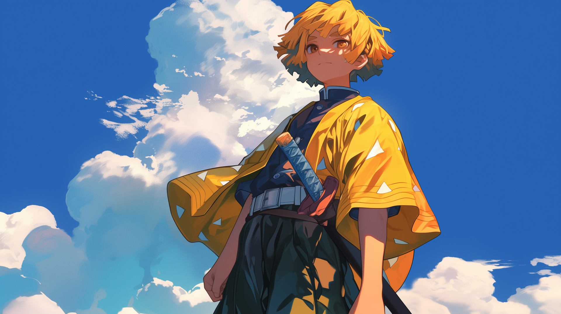 HD desktop wallpaper of Zenitsu Agatsuma from Demon Slayer: Kimetsu no Yaiba, standing confidently under a clear blue sky.