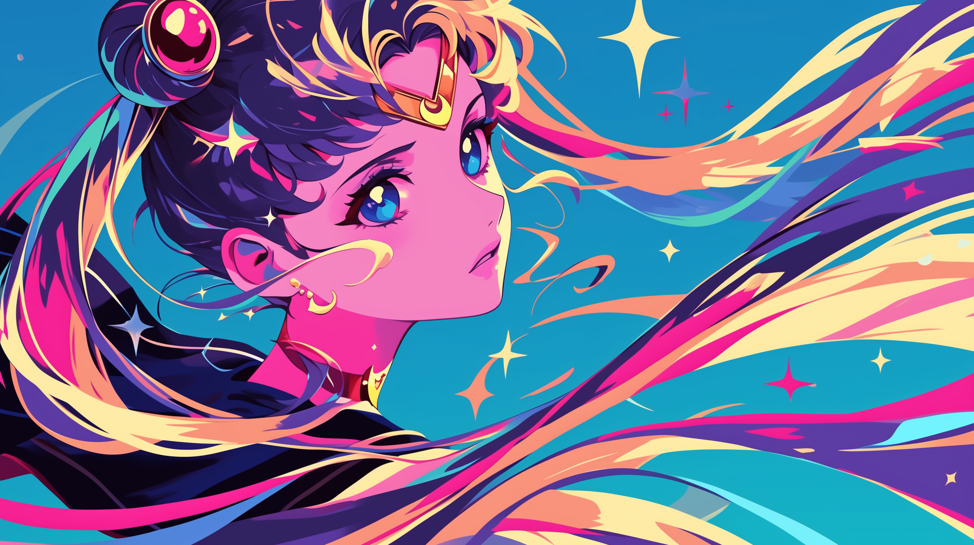 HD desktop wallpaper featuring Usagi Tsukino from Sailor Moon in a vibrant, colorful anime style.