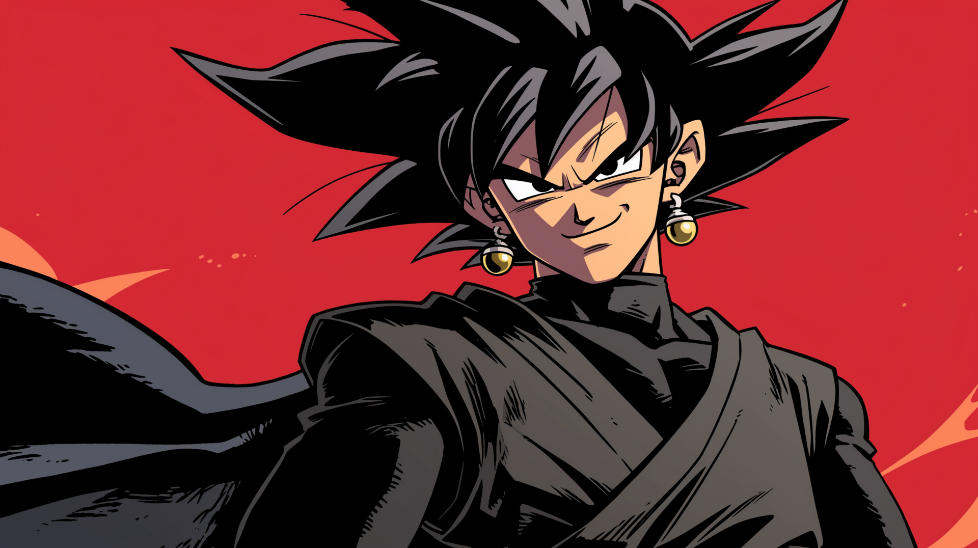 HD desktop wallpaper featuring Black Goku from Dragon Ball Super, depicted with spiky black hair and a smirking expression against a red background.