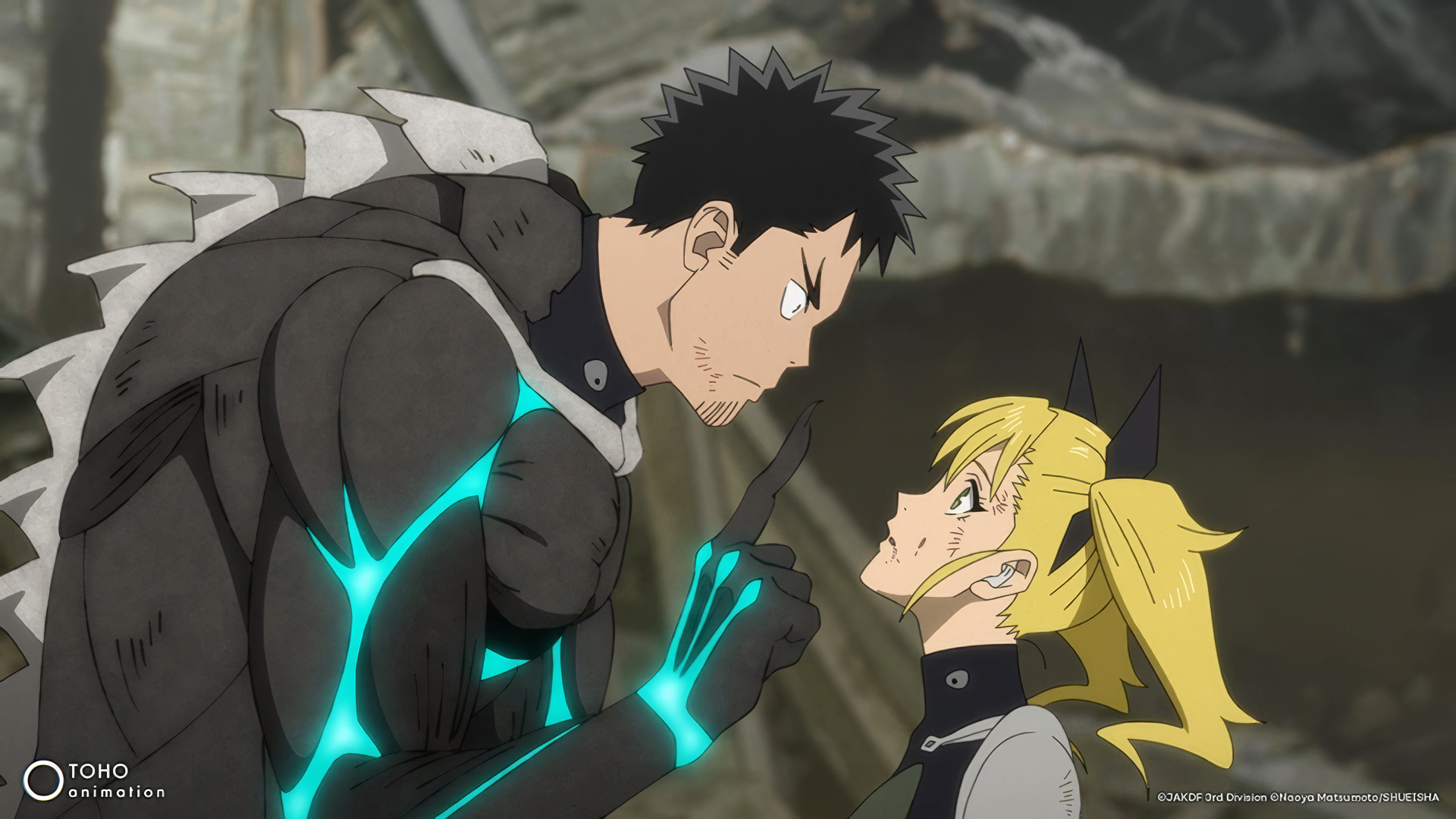 HD wallpaper from Kaiju No. 8 featuring characters Kafka Hibino and Kikoru Shinomiya in a dramatic encounter amidst debris.