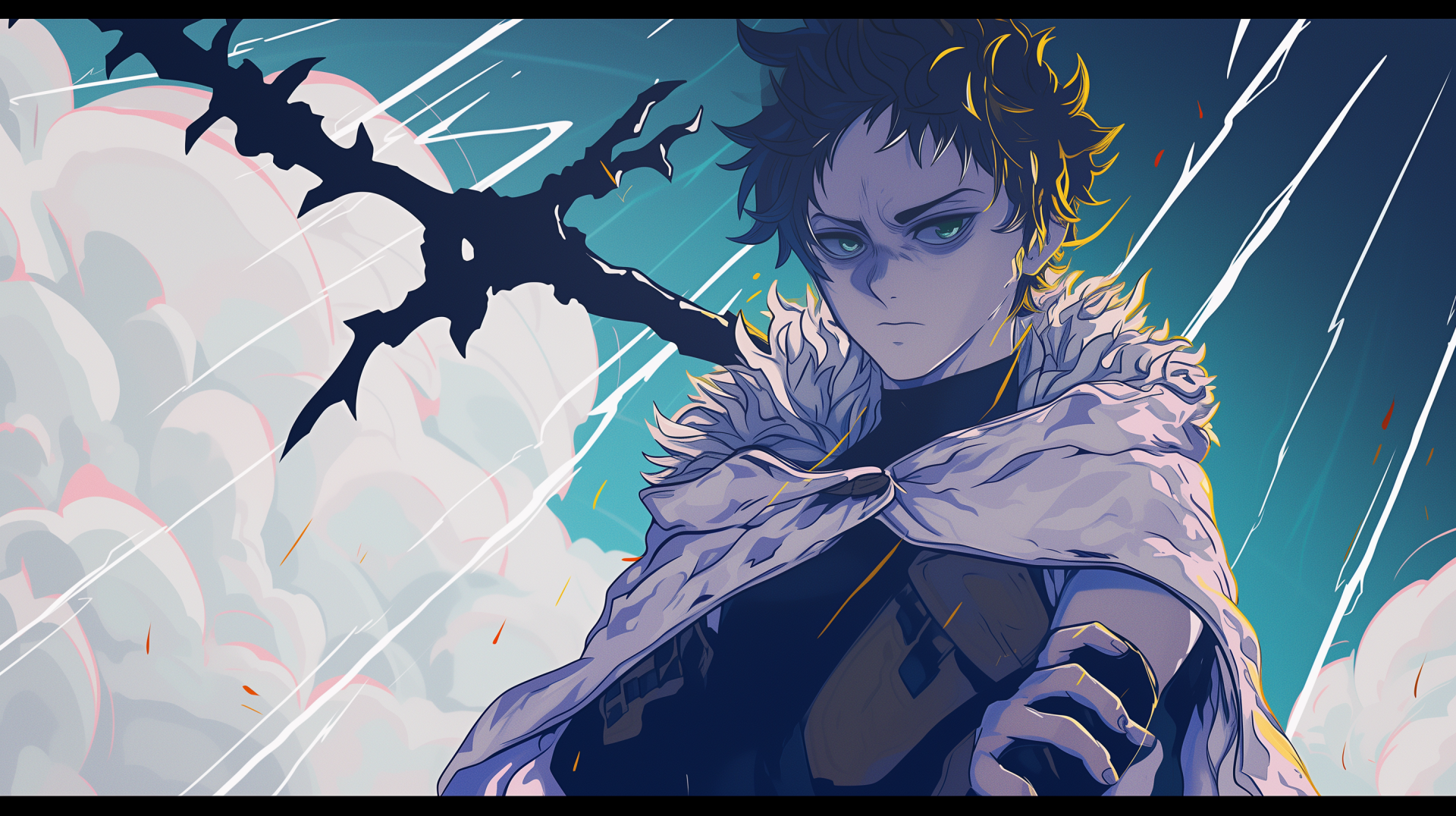 HD desktop wallpaper from Black Clover featuring the character Zenon in a dynamic pose with a dark, spike-like weapon, set against a vividly colored background.