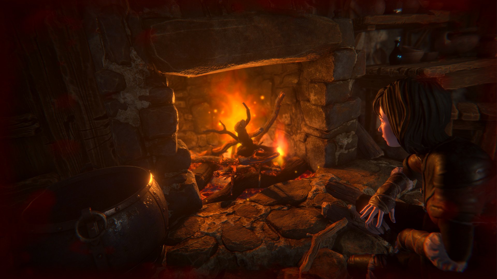 HD desktop wallpaper from the video game Seed of Life, depicting a character warming hands by a cozy fireplace in a rustic stone interior.