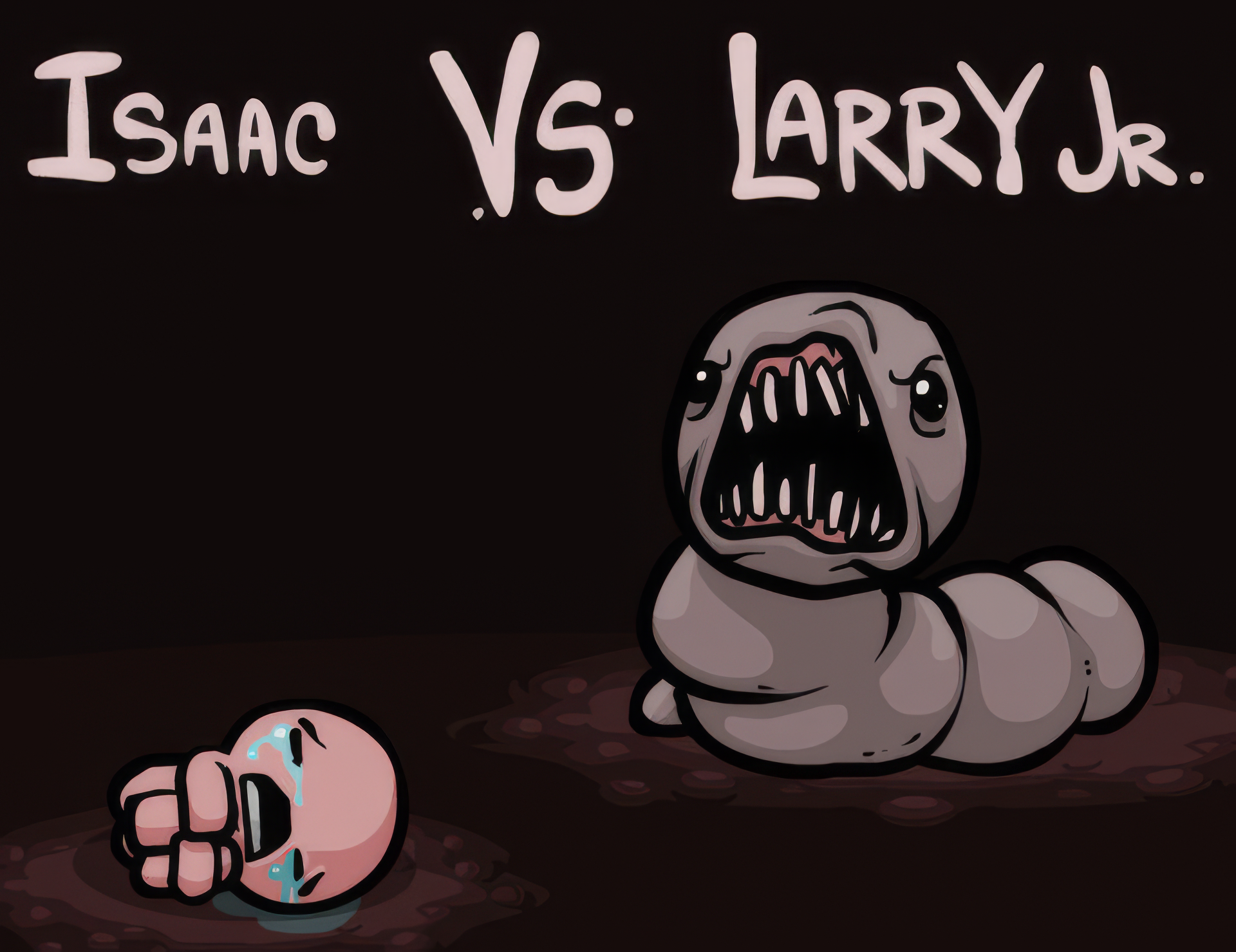 HD desktop wallpaper from The Binding of Isaac featuring a cartoon-style battle scene between Isaac and Larry Jr. in a dark setting.