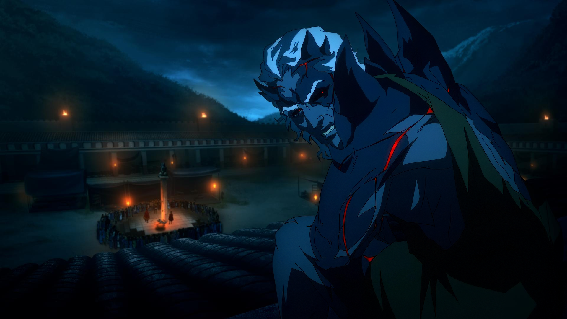 HD desktop wallpaper featuring Seraphim from Blood of Zeus, posed dramatically at night in a dark, torch-lit arena.