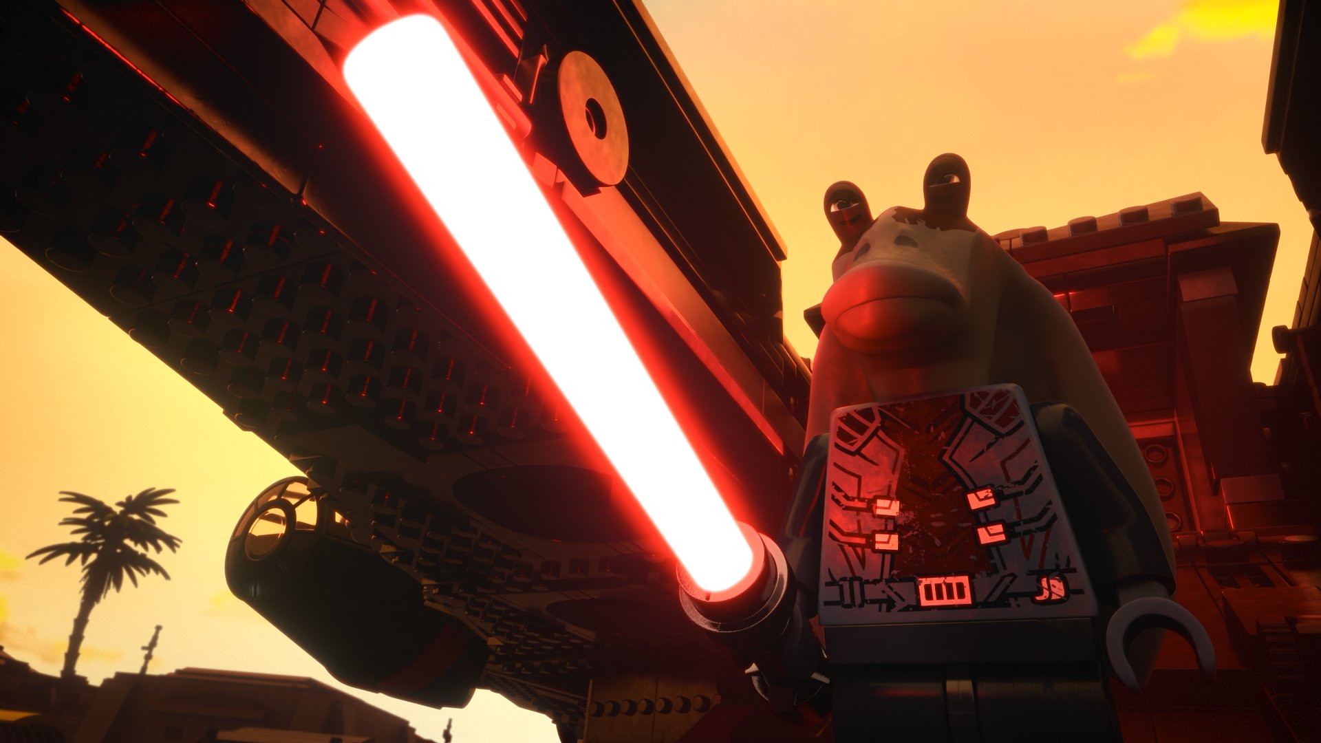 HD desktop wallpaper from LEGO Star Wars: Rebuild the Galaxy featuring a LEGO character wielding a red lightsaber against a sunset backdrop.