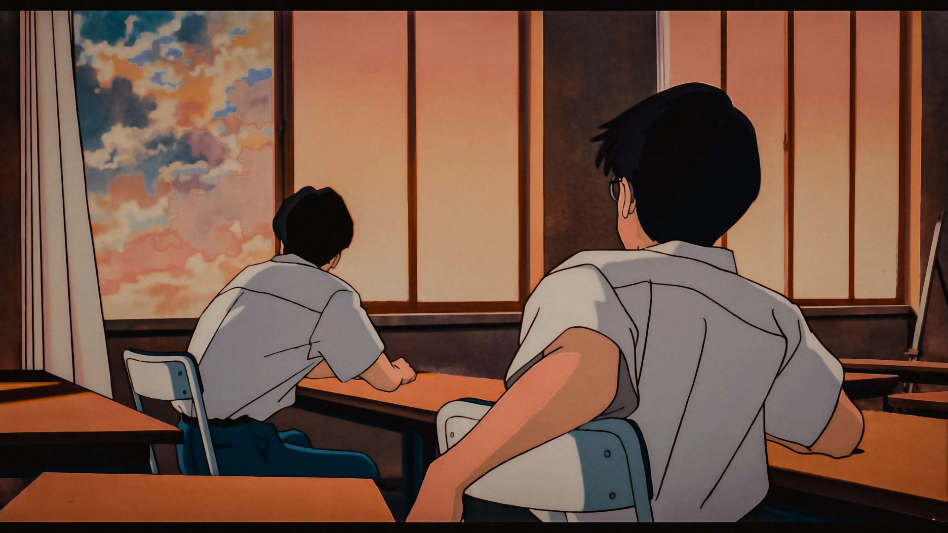 Anime scene from Studio Ghibli's Ocean Waves (1993) showing two students in a classroom with a colorful sky outside, rendered in 4K Ultra HD detail.