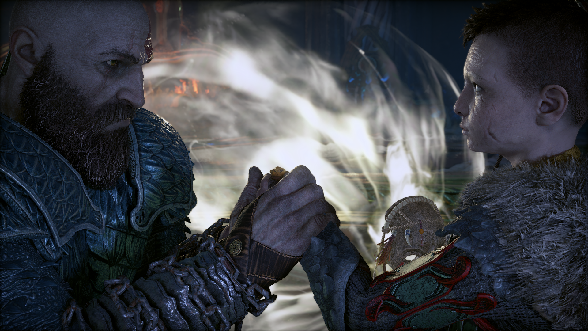 HD PC desktop wallpaper featuring Kratos and Atreus from God of War, showcasing a powerful moment in the PlayStation game series.