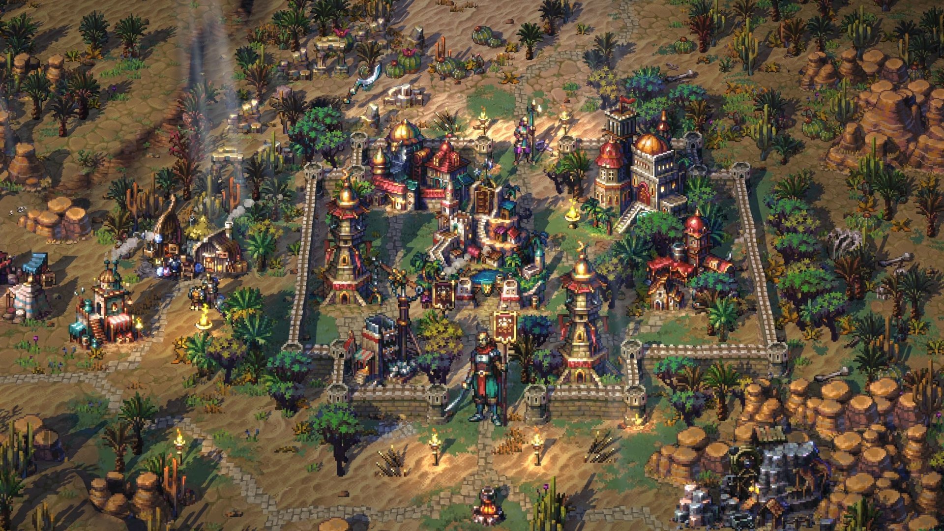 HD desktop wallpaper of the video game Songs of Conquest, featuring a detailed, colorful medieval fort surrounded by lush vegetation and diverse terrain.
