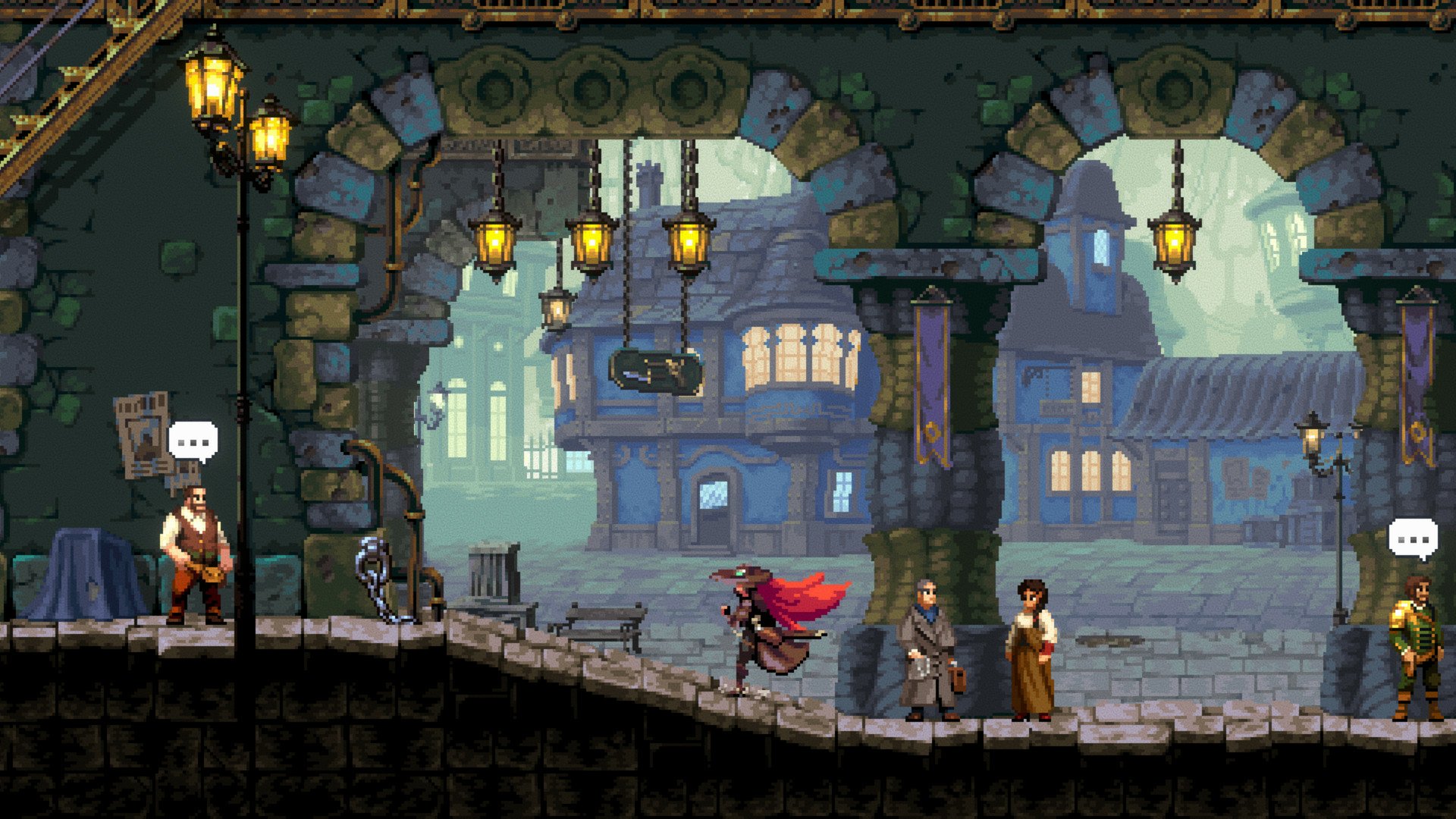 HD wallpaper of Gestalt: Steam & Cinder, featuring a video game scene with characters walking through a steampunk city with arches and lanterns.
