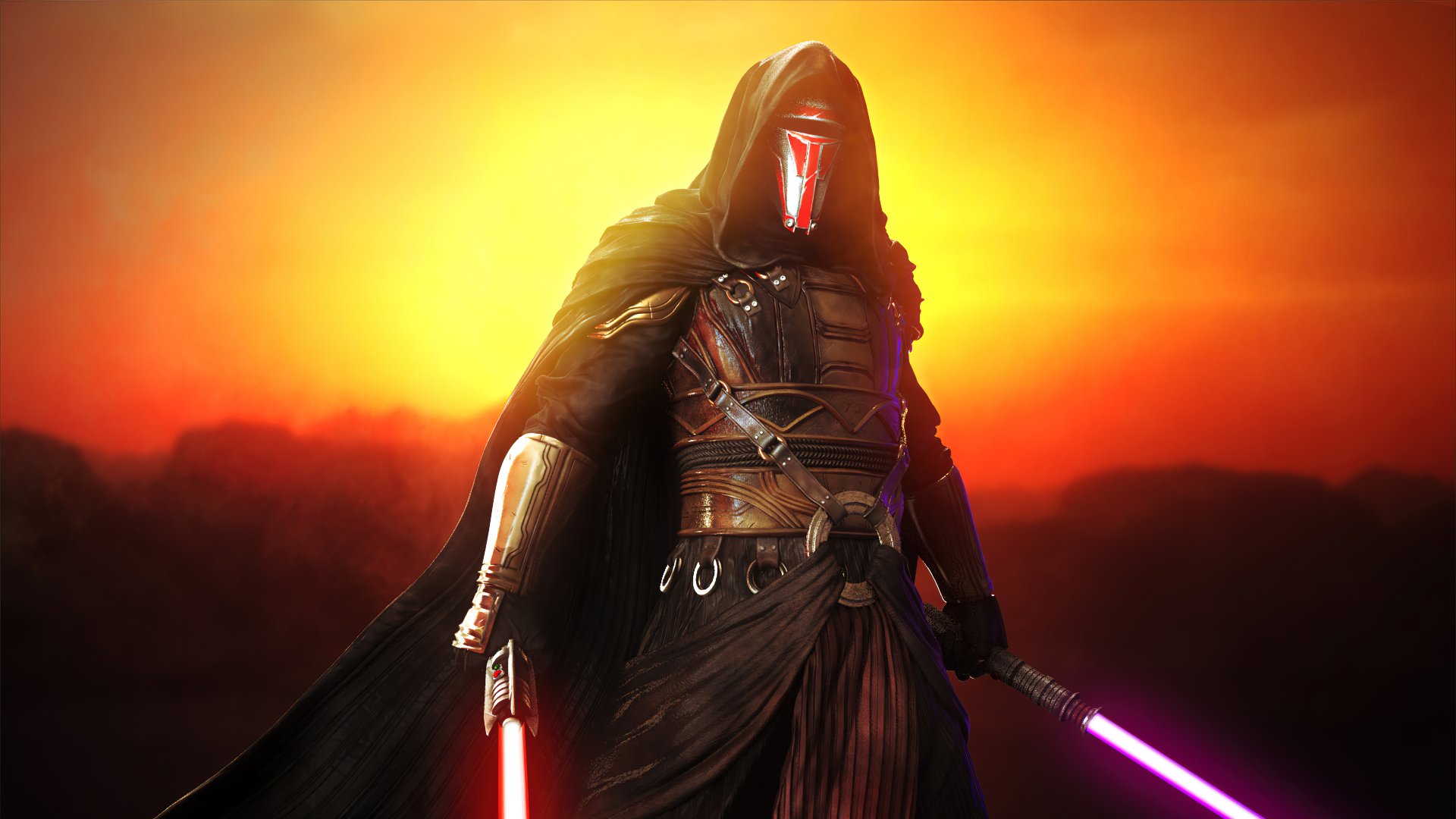 HD desktop wallpaper featuring Darth Revan from Star Wars: Knights of the Old Republic, standing against a fiery sunset backdrop, wielding two lightsabers.