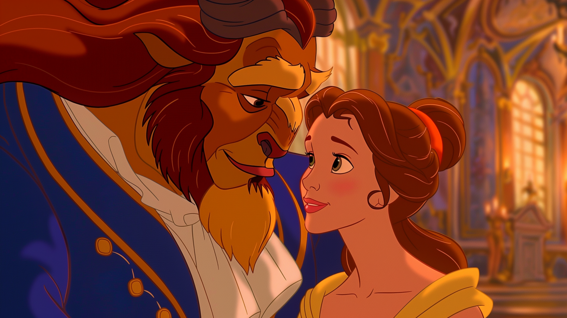 A high-definition wallpaper featuring Belle and the Beast from Disney's 1991 movie Beauty and the Beast, gazing at each other affectionately in a beautifully detailed, ornate background.